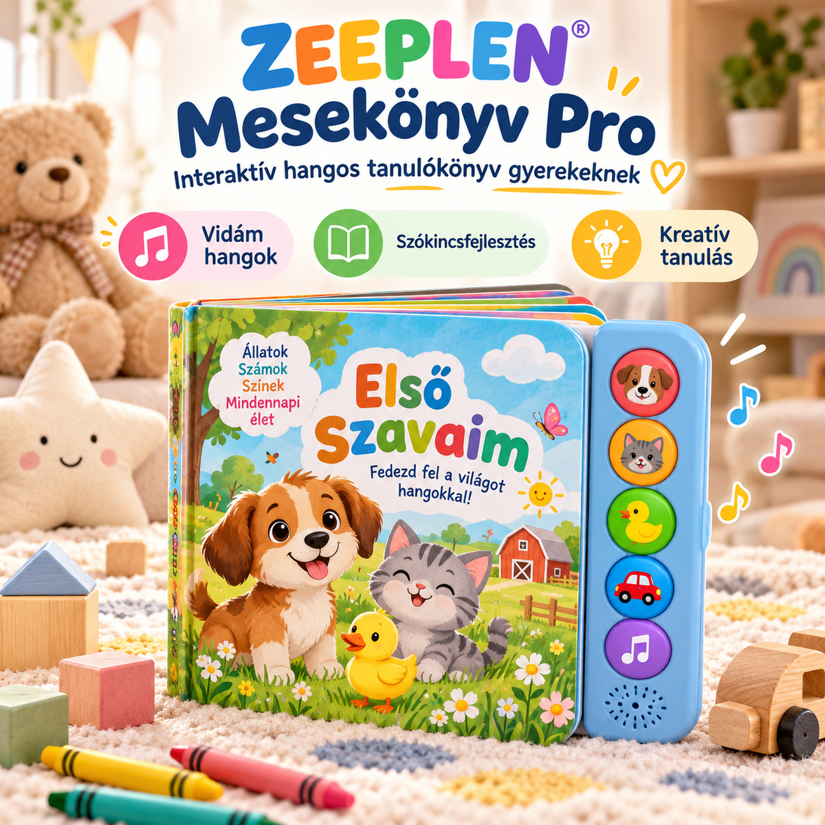 🧸✨ ZEEPLEN® Mesekönyv Pro Interaktív Hangos Tanulókönyv – Vidám Oktató Játék Gyerekeknek, Hanghatásokkal, Szókincsfejlesztéssel, Kreatív Tanulással és Képességfejlesztő Tevékenységekkel 🌟