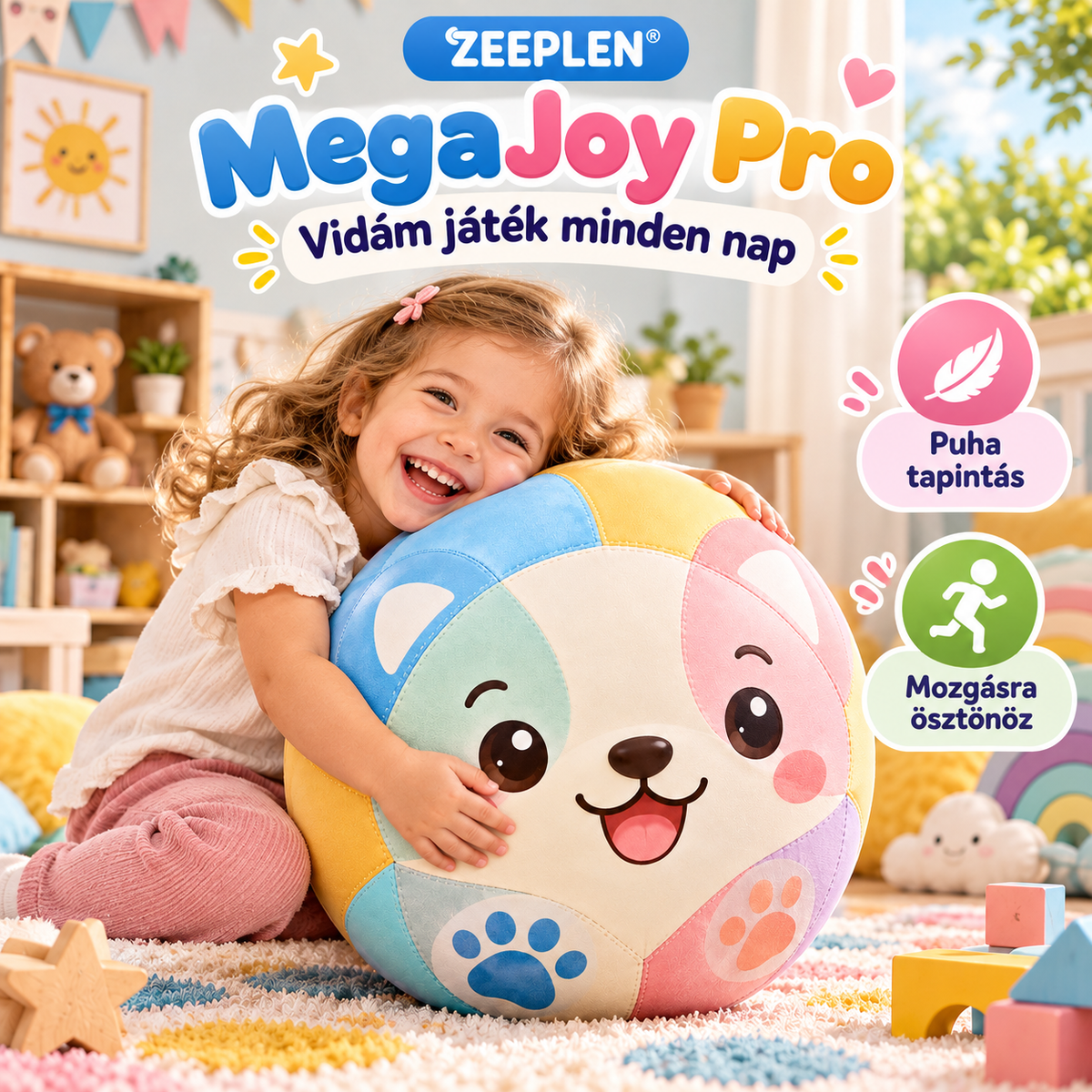 🧸✨ ZEEPLEN® MegaJoy Pro Nagy Gyerek Labda – Aranyos Puha Játszólabda Élénk Színekkel, Biztonságos Anyagból Készült Nagyméretű Ugráló Labda Beltéri és Kültéri Játékhoz, Kreatív Mozgásfejlesztő Szórakozás Gyerekeknek 🌟