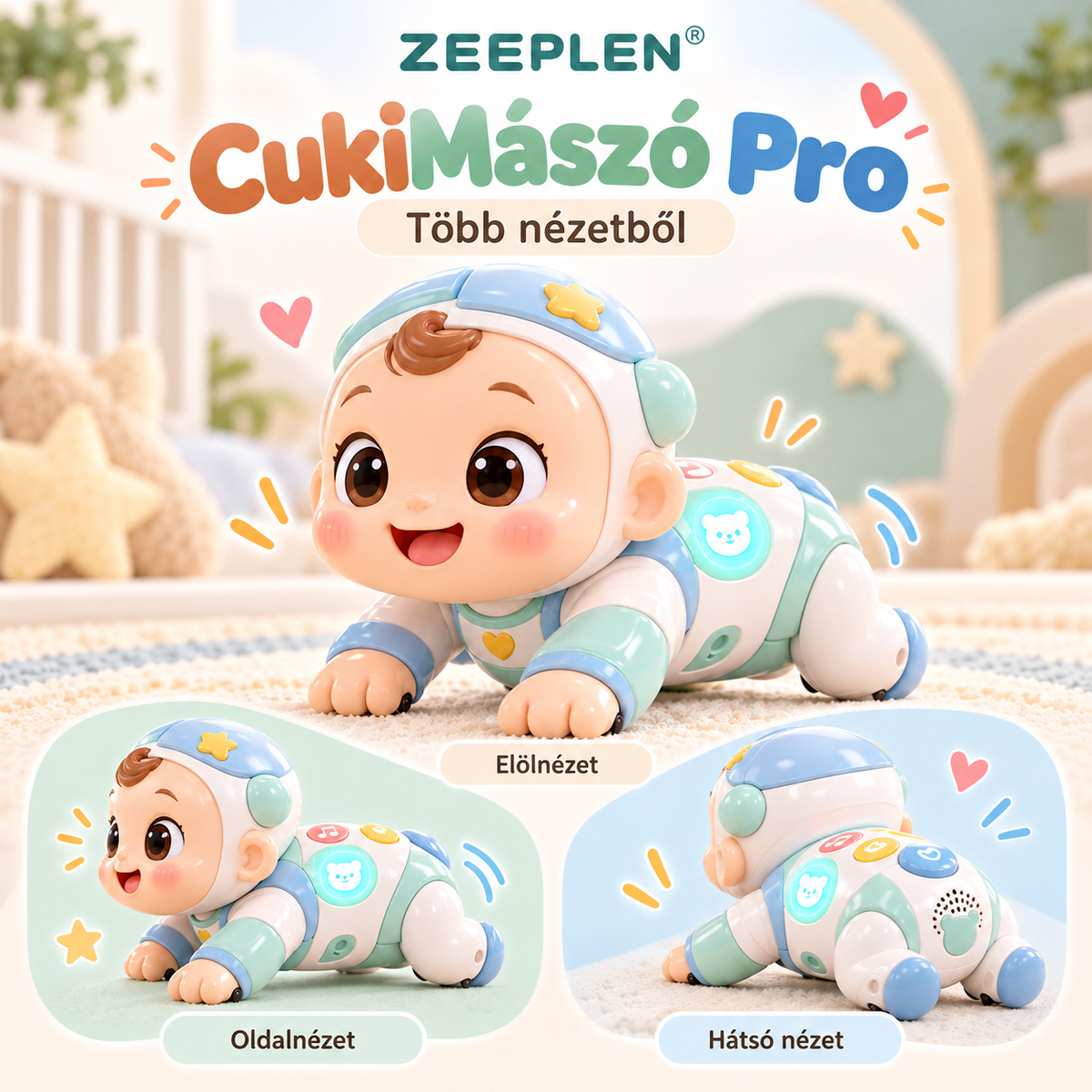 🧸✨ ZEEPLEN® CukiMászó Pro Interaktív Bébijáték – Puha, Pufók Mászó Baba Zenével, Újratölthető Akkumulátorral, Mozgó Interaktív Funkciókkal és Vidám Játékkal Kisgyermekeknek 🌟