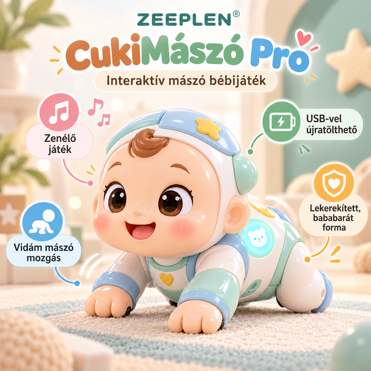 🧸✨ ZEEPLEN® CukiMászó Pro Interaktív Bébijáték – Puha, Pufók Mászó Baba Zenével, Újratölthető Akkumulátorral, Mozgó Interaktív Funkciókkal és Vidám Játékkal Kisgyermekeknek 🌟