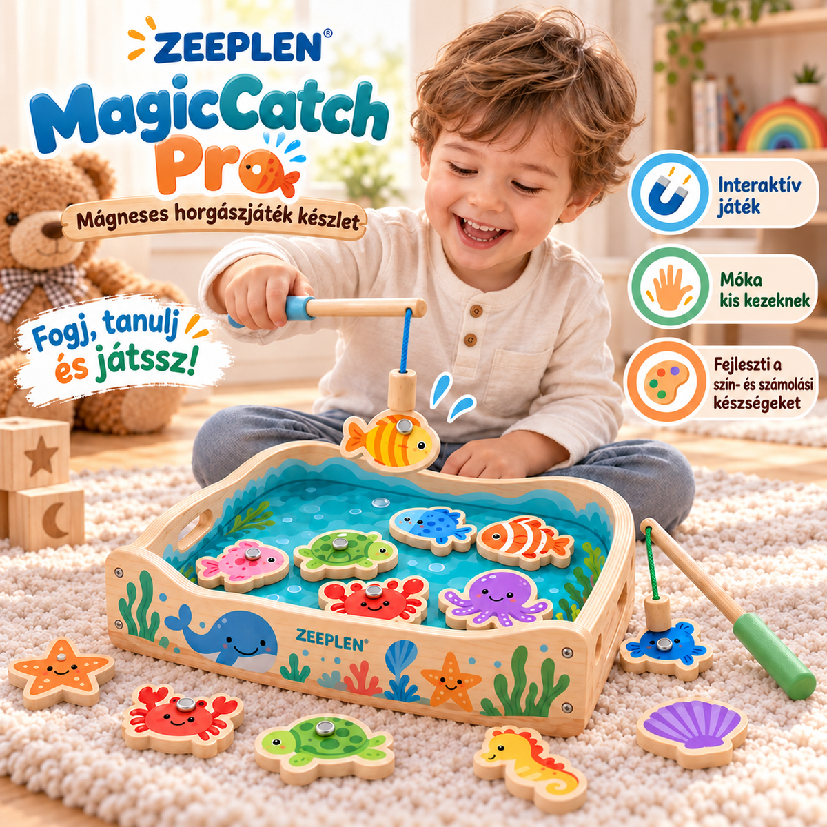 🧲🐟 ZEEPLEN® MagicCatch Pro Mágneses Horgász Játék Szett – Interaktív Fa Horgászjáték Színes Mágneses Halakkal, Fejlesztő Tevékenységekkel, Szem-Kéz Koordináció Gyakorlásával és Vidám Szülő-Gyermek Játékélménnyel Kisgyermekeknek 🌟