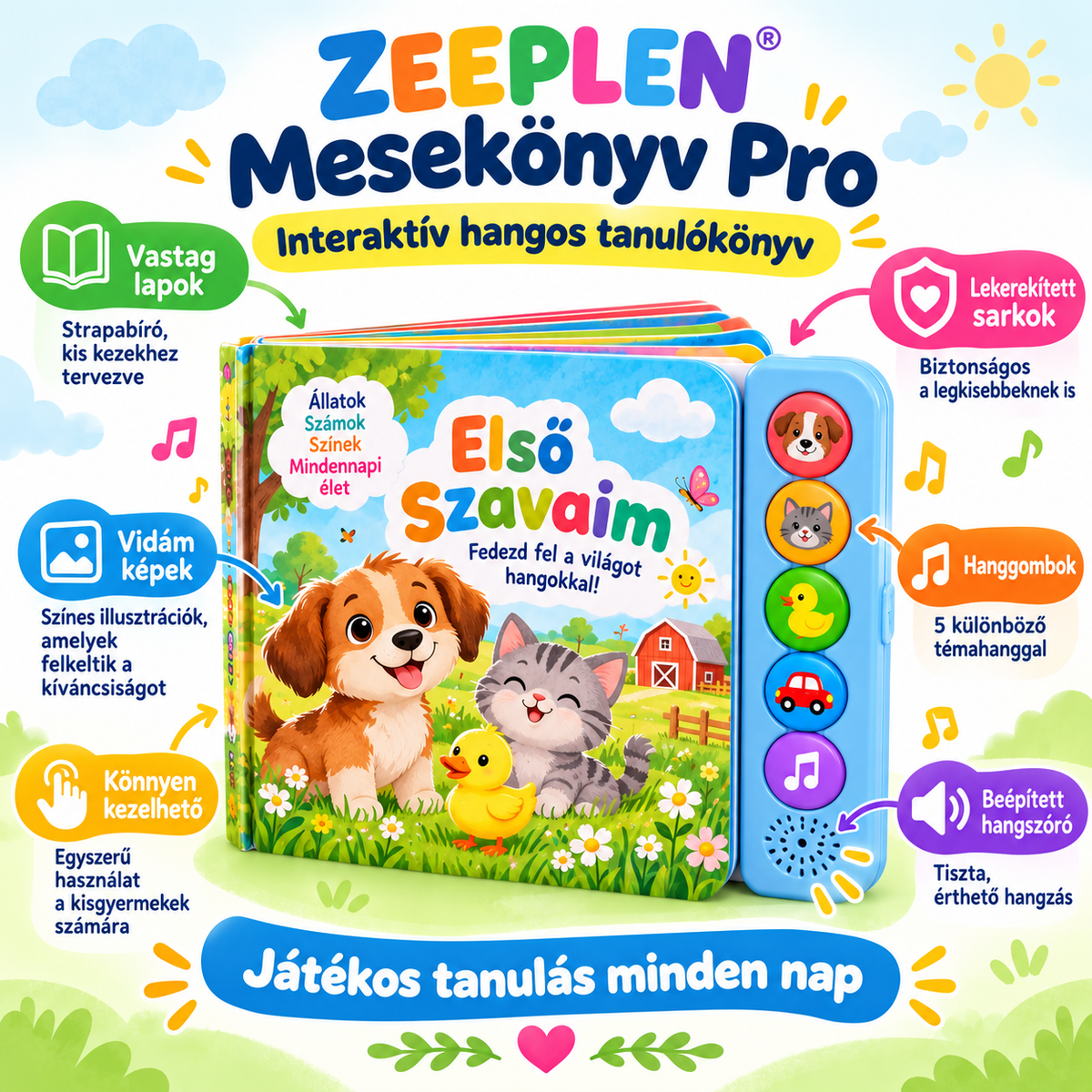 🧸✨ ZEEPLEN® Mesekönyv Pro Interaktív Hangos Tanulókönyv – Vidám Oktató Játék Gyerekeknek, Hanghatásokkal, Szókincsfejlesztéssel, Kreatív Tanulással és Képességfejlesztő Tevékenységekkel 🌟