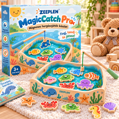 🧲🐟 ZEEPLEN® MagicCatch Pro Mágneses Horgász Játék Szett – Interaktív Fa Horgászjáték Színes Mágneses Halakkal, Fejlesztő Tevékenységekkel, Szem-Kéz Koordináció Gyakorlásával és Vidám Szülő-Gyermek Játékélménnyel Kisgyermekeknek 🌟