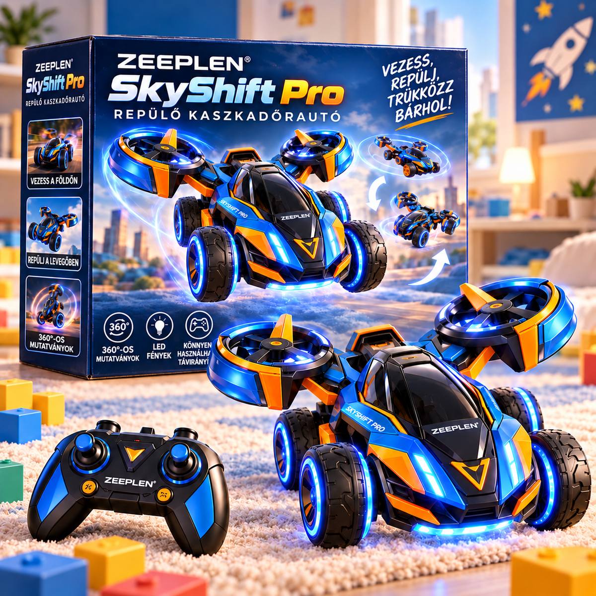 🚗✨ ZEEPLEN® TurboFly Pro Multifunkciós Kaszkadőr Autó Játék – Interaktív Távirányítós Repülő Autó 360°-os Forgással, Átalakítható Kialakítással, LED Fényekkel, Nagysebességű Versenyzéssel és Kalandos Játékélménnyel Gyermekeknek 🌟