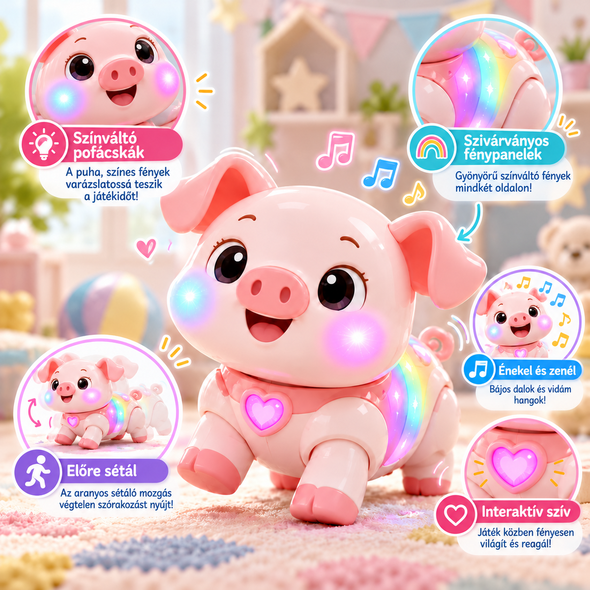 🧸✨ ZEEPLEN® ColorJoy Piggy Pro Interaktív Sétáló Malac Játék – Aranyos Éneklő és Színváltós Okos Kisállat Játék Táncoló Mozgással, Hangeffektekkel, LED Fénykijelzővel, Interaktív Játékelemekkel és Vidám Tanulási Társsal Kisgyermekeknek és Gyerekeknek 🌟