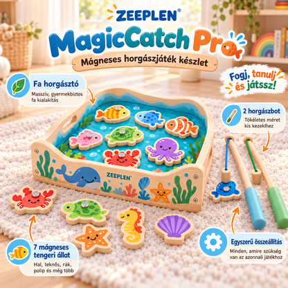 🧲🐟 ZEEPLEN® MagicCatch Pro Mágneses Horgász Játék Szett – Interaktív Fa Horgászjáték Színes Mágneses Halakkal, Fejlesztő Tevékenységekkel, Szem-Kéz Koordináció Gyakorlásával és Vidám Szülő-Gyermek Játékélménnyel Kisgyermekeknek 🌟