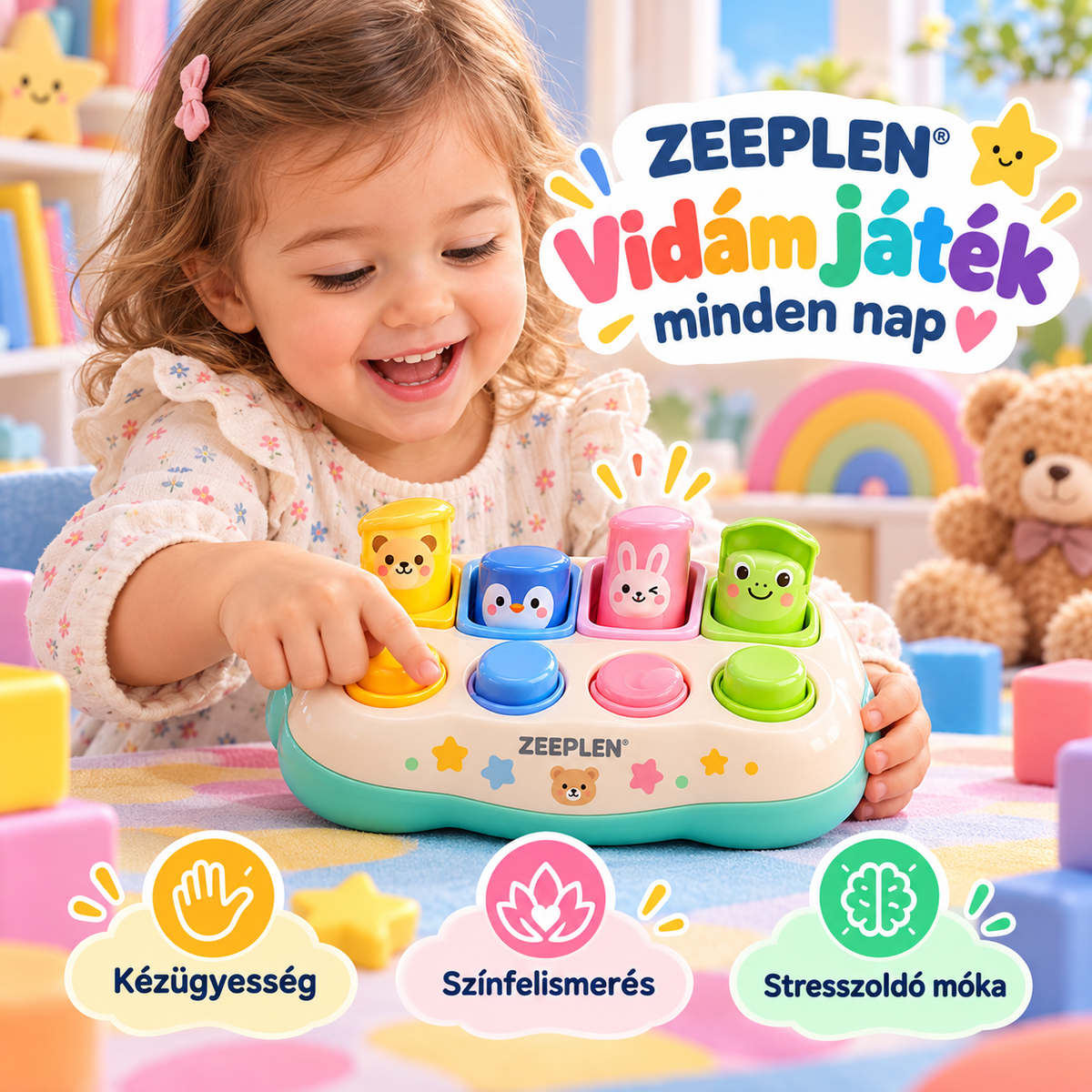 🧸✨ ZEEPLEN® PopUpJoy Pro Push Button Sensory Toy – Interactive Handheld Fidget Toy with Press Buttons, Pop-Up Pillar Reaction Game, Stress Relief Play, Fine Motor Skill Training & Fun Sensory Activity for Kids 🌟