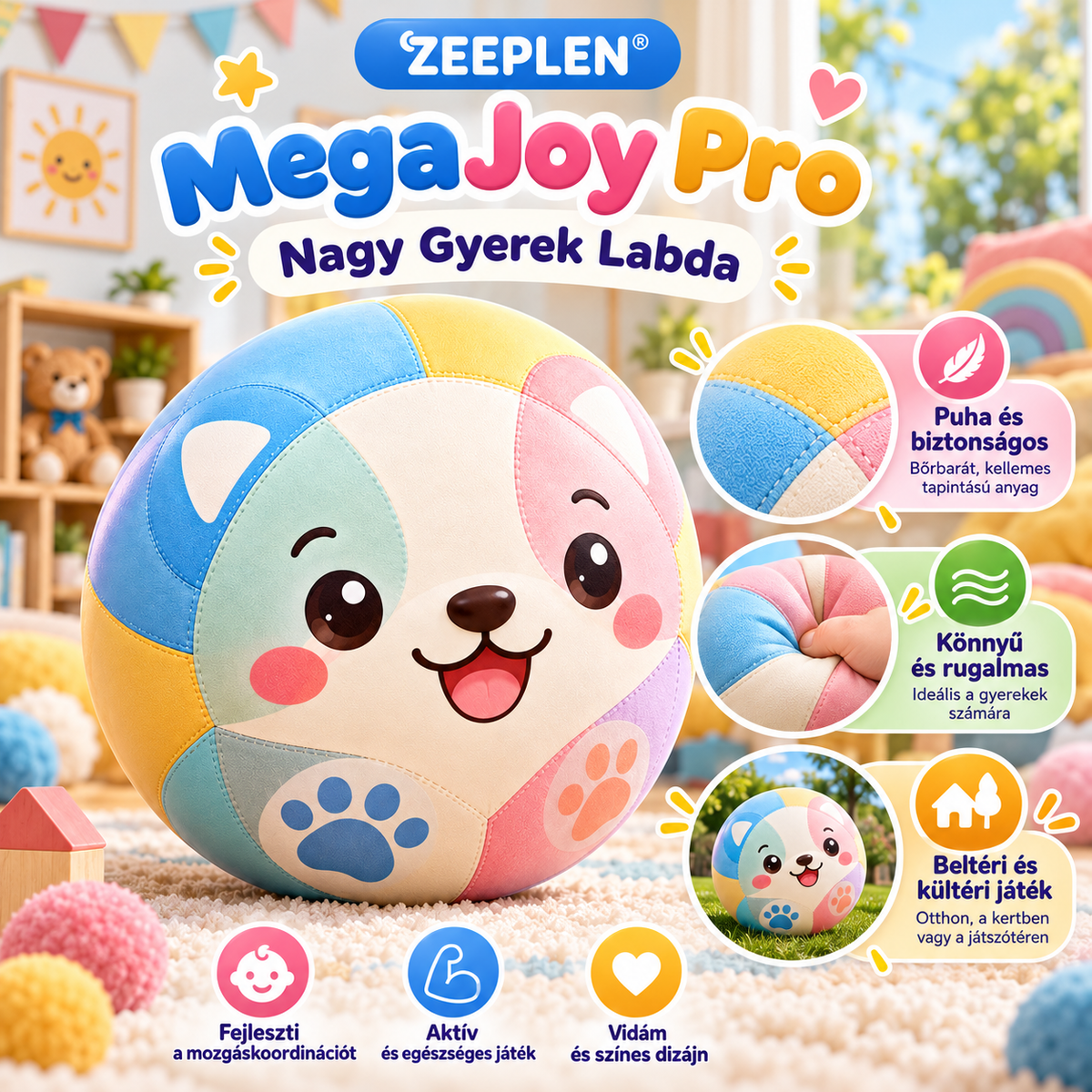 🧸✨ ZEEPLEN® MegaJoy Pro Nagy Gyerek Labda – Aranyos Puha Játszólabda Élénk Színekkel, Biztonságos Anyagból Készült Nagyméretű Ugráló Labda Beltéri és Kültéri Játékhoz, Kreatív Mozgásfejlesztő Szórakozás Gyerekeknek 🌟