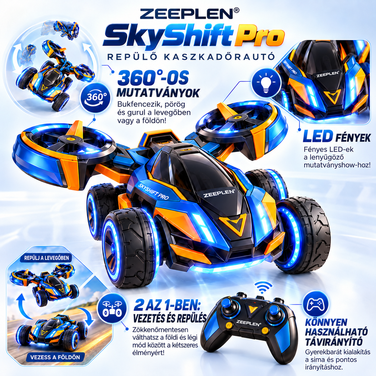 🚗✨ ZEEPLEN® TurboFly Pro Multifunkciós Kaszkadőr Autó Játék – Interaktív Távirányítós Repülő Autó 360°-os Forgással, Átalakítható Kialakítással, LED Fényekkel, Nagysebességű Versenyzéssel és Kalandos Játékélménnyel Gyermekeknek 🌟
