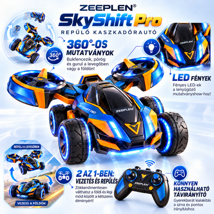 🚗✨ ZEEPLEN® TurboFly Pro Multifunkciós Kaszkadőr Autó Játék – Interaktív Távirányítós Repülő Autó 360°-os Forgással, Átalakítható Kialakítással, LED Fényekkel, Nagysebességű Versenyzéssel és Kalandos Játékélménnyel Gyermekeknek 🌟
