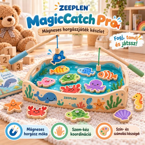 🧲🐟 ZEEPLEN® MagicCatch Pro Mágneses Horgász Játék Szett – Interaktív Fa Horgászjáték Színes Mágneses Halakkal, Fejlesztő Tevékenységekkel, Szem-Kéz Koordináció Gyakorlásával és Vidám Szülő-Gyermek Játékélménnyel Kisgyermekeknek 🌟