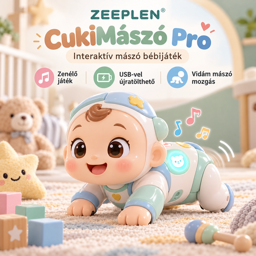 🧸✨ ZEEPLEN® CukiMászó Pro Interaktív Bébijáték – Puha, Pufók Mászó Baba Zenével, Újratölthető Akkumulátorral, Mozgó Interaktív Funkciókkal és Vidám Játékkal Kisgyermekeknek 🌟
